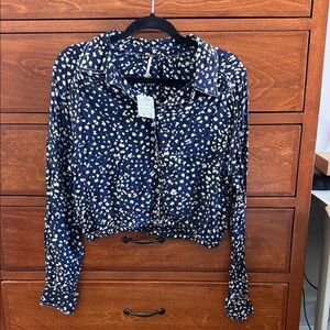 Free People Navy and Cream Button Down Shirt